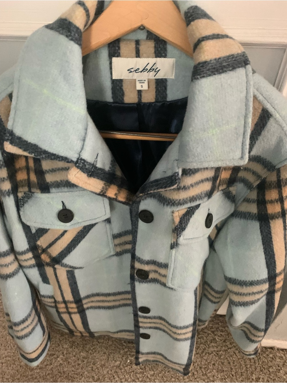 Sebby Collection Women’s Plaid Shacket Blue Yellow Wool Blend Jacket Size Small